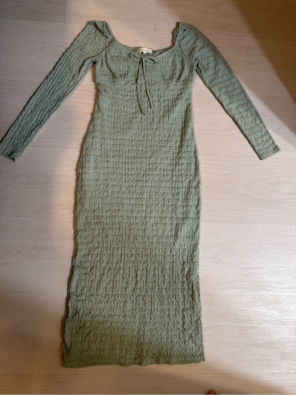 Sage Green Long-Sleeve Ribbed Midi Dress with Tie Neck